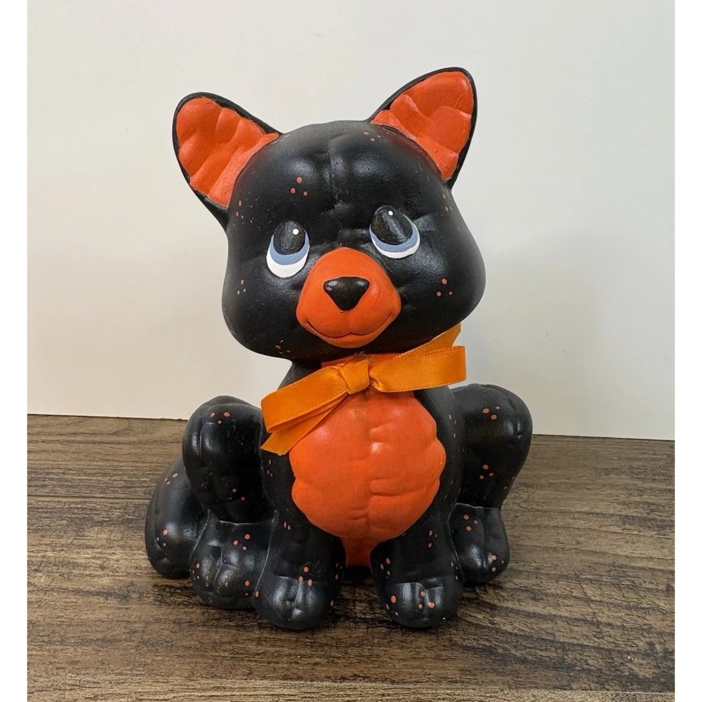 Vintage Kimple Mold Corp 7" Black Cat Kitty Ceramic Halloween Figurine Quilted